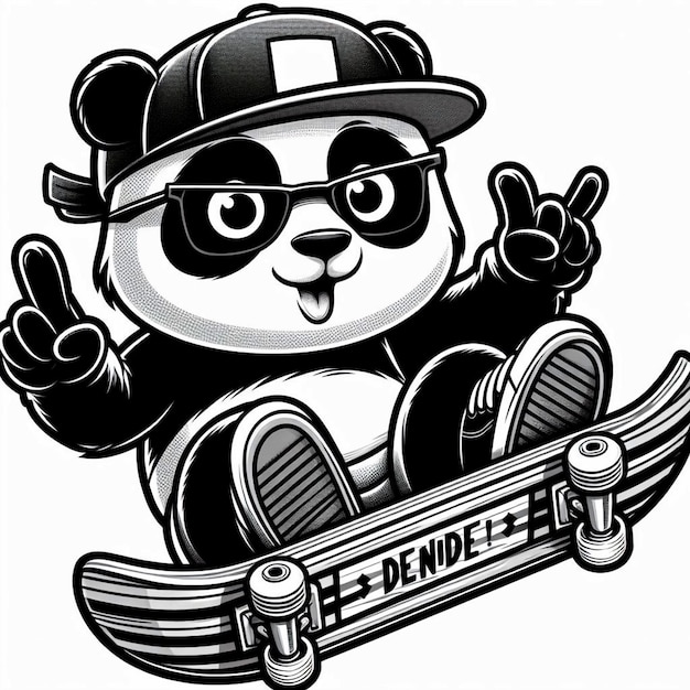 ein schwarz-weißer Cartoon eines Pandas, der einen Skateboard-Trick macht.