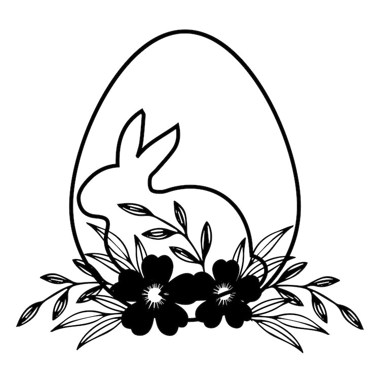 Vektor ein schwarz-weißer hase sitzt in einem blumenei mit blumen.