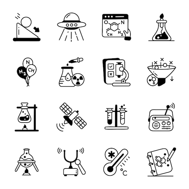 Ein schwarz-weißer icon-satz von icons für wissenschaft und technologie.