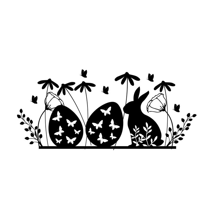 Vektor ein schwarz-weißer osterhase und eier mit schmetterlingen.