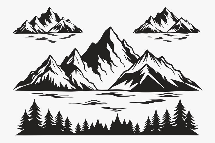 Vektor ein schwarz-weißes bild eines berges mit einer schneebedeckten berglandschaft im hintergrund