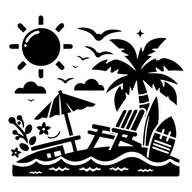 Vektor ein schwarz-weißes bild von booten und palmen