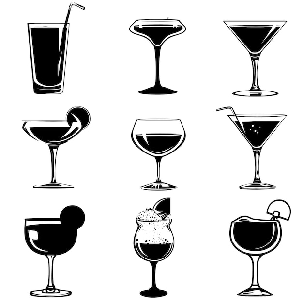 ein schwarz-weißes Foto verschiedener Gläser mit einem, auf dem Cocktail steht