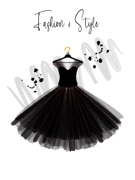 Ein schwarzes kleid der eleganz auf kleiderbügelmodeillustration