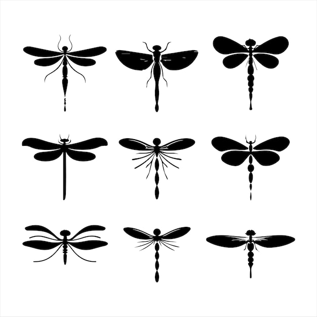 Ein schwarzes silhouette-dragonfly-set