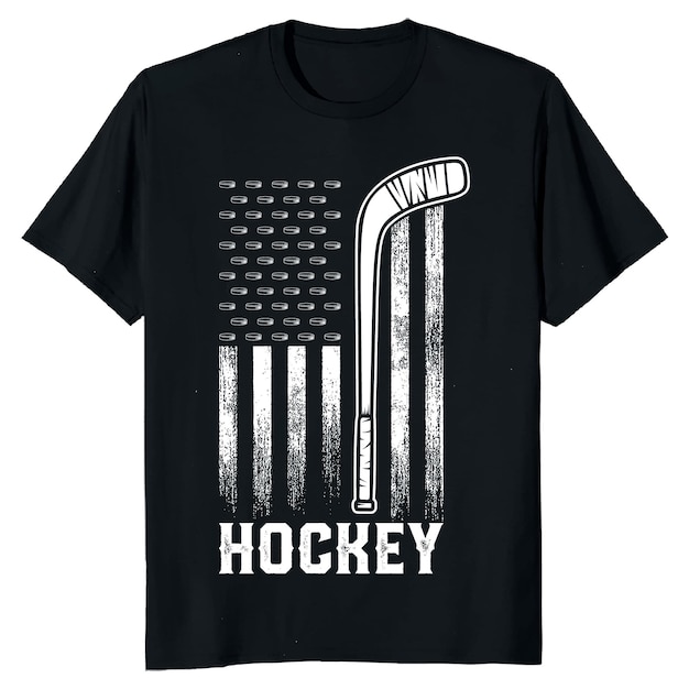 Ein schwarzes t-shirt mit einer amerikanischen flagge und einem hockeyschläger darauf.