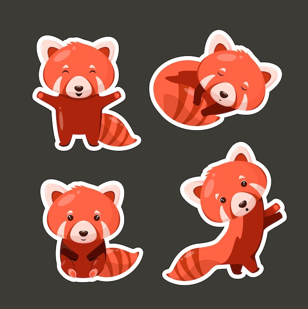 Ein set aufkleber mit einem niedlichen roten panda-cartoon-design