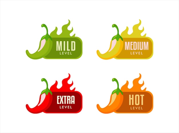 Ein Set aus vier verschiedenen Peperoni mit der Aufschrift „hot“ darauf