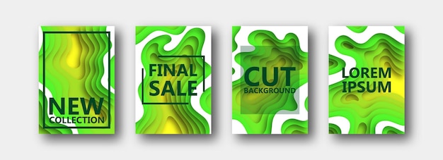 Ein set mit vier optionen für banner, flyer, broschüren, karten, poster für ihr design in grün-gelb-tönen. papierstil. 10 eps