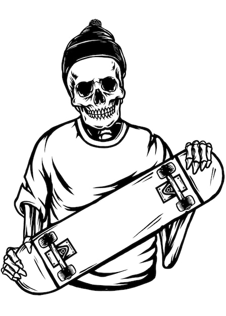 Ein skaterschädeljunge, der das skateboard hält