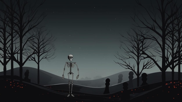 Vektor ein skelett steht vor einem dunklen hintergrund mit bäumen im hintergrund