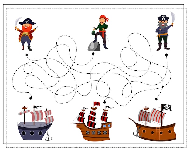 Vektor ein spiel für kinder gehen durch ein piratenlabyrinth und ein piratenschiff
