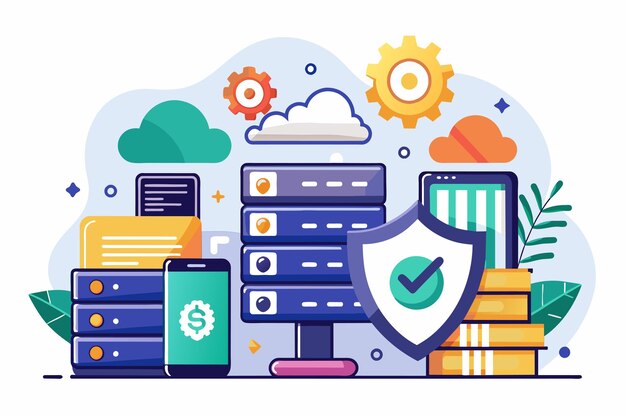 Ein Stapel Bücher mit einem Schild an der Spitze, der Schutz und Stärke symbolisiert Datensicherheit im Speicher Webhosting Einfache und minimalistische flache Vektorillustration
