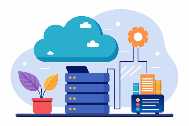 Ein Stapel Bücher mit einer über ihnen schwebenden Wolke in einer einfachen und minimalistischen Umgebung Cloud-Speicherproblem Einfache und minimalistische flache Vektorillustration