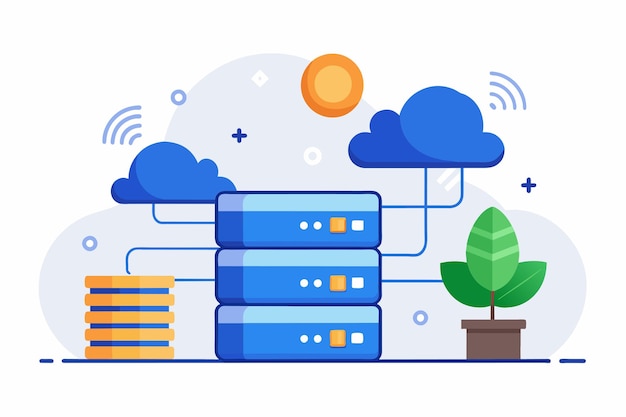 Ein Stapel von blauen Servern mit einer grünen Pflanze im Vordergrund Big Data Backup mit Cloud Einfache und minimalistische flache Vektor-Illustration