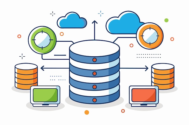 Ein Stapel von Daten mit einer über ihm schwebenden Wolke, die Cloud-Speicherung und Backup-Lösungen darstellt, Datenbank-Synchronisierung und Backup Einfache und minimalistische flache Vektorillustration