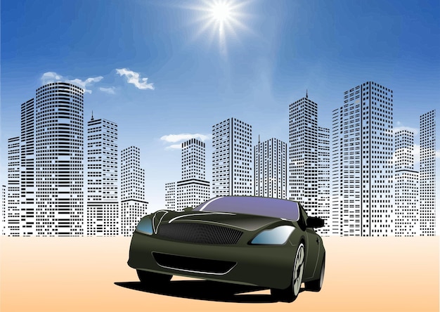Ein stilvoller grüner Sportwagen, der gegen den Hintergrund von Wolkenkratzern unter der hellen Sonne geparkt ist und Luxus und städtischen Lebensstil symbolisiert