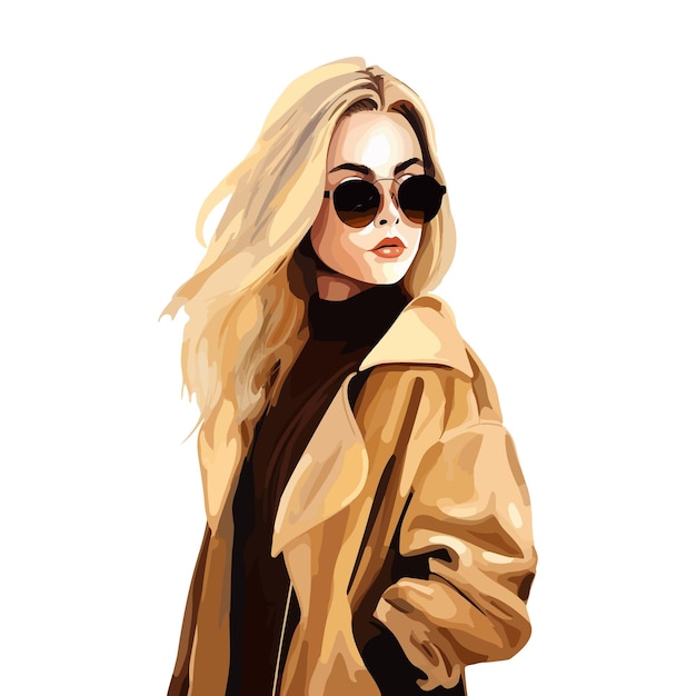 Ein stilvolles Mädchen mit Sonnenbrille und einem Mantel mit blonden Haaren in einer Modeillustration