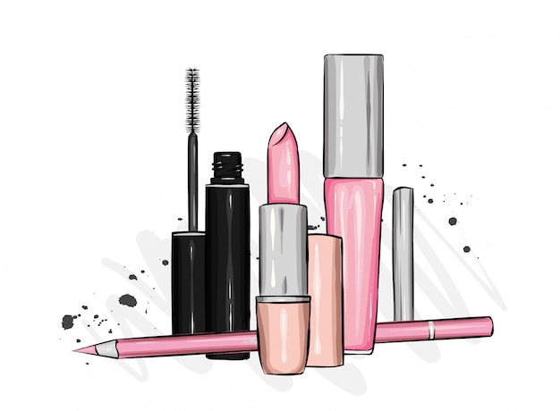 Ein stilvolles set an kosmetika und accessoires. lippenstift, mascara, lidschatten, lipgloss und bleistift. modestil. illustration.