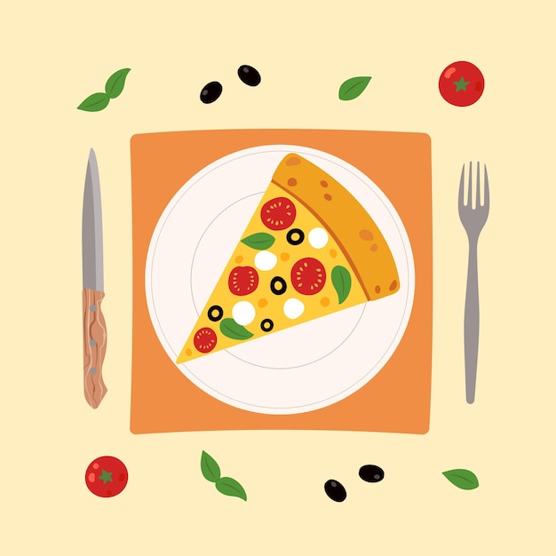 Ein stück pizza mit tomaten, basilikum, mozzarella und oliven pizza auf einem teller mit messer und gabel