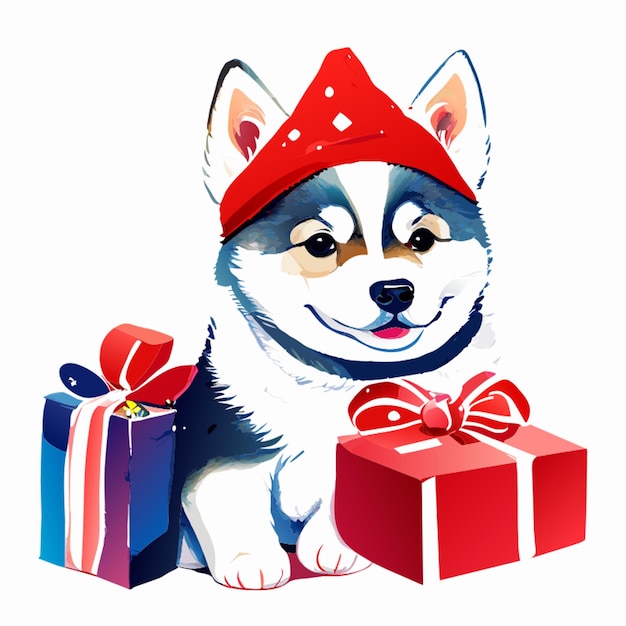 Vektor ein süßer, entzückender weihnachts-husky-welpe, der eine weihnachtsmütze mit geschenken und aquarell-wasserfarbenfarbe trägt