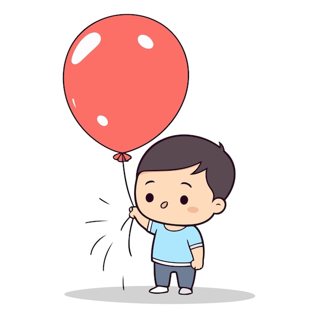 Ein süßer junge hält einen roten ballon im cartoon-stil