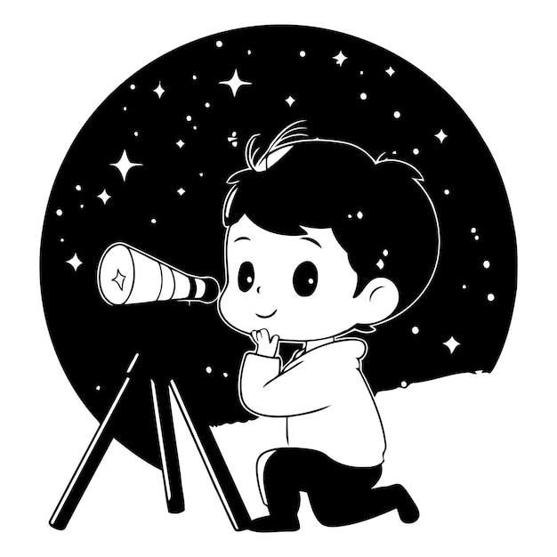 Vektor ein süßer junge schaut durch das teleskop in einer sternenfrohen nacht