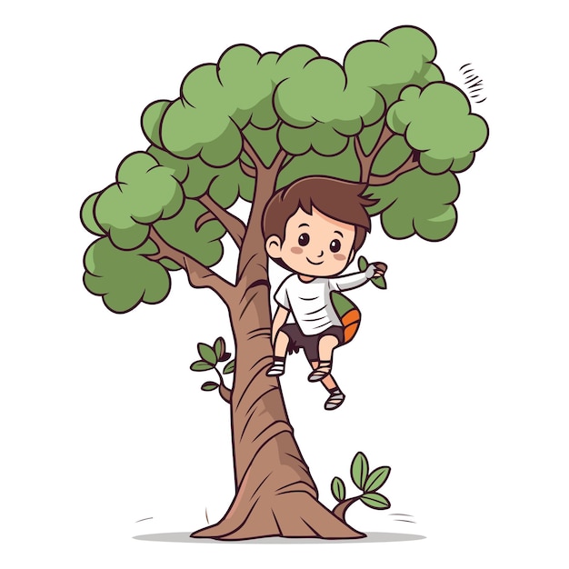 Ein süßer kleiner junge klettert im cartoon-stil auf einen baum