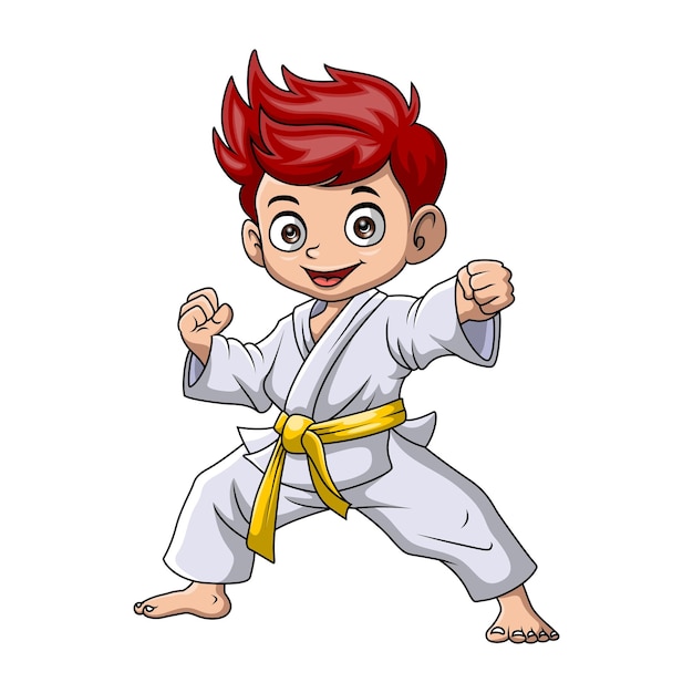 Ein süßer kleiner junge trainiert karate