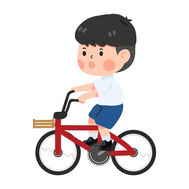 Ein süßer kleiner Schüler, der Fahrrad fährt.