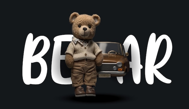 Ein süßer Teddybär in Hose und Hemd steht neben dem Auto