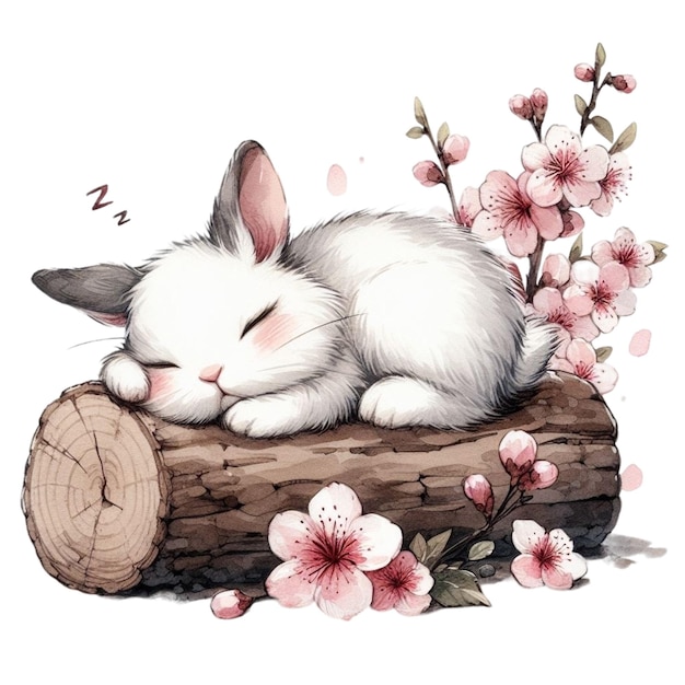 Ein süßes kaninchen schläft auf holz-clipart-wasserfarbe