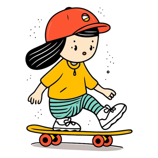 Ein süßes kleines Mädchen fährt auf einem Skateboard Cartoon-Vektorillustration