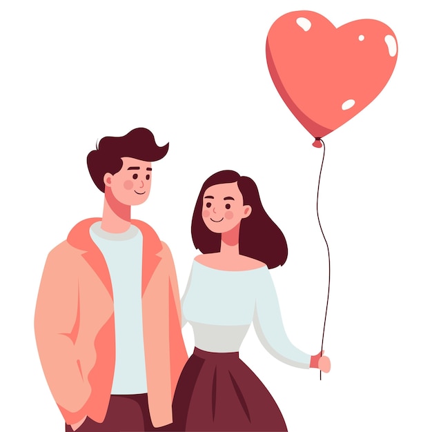 Ein süßes Paar geht spazieren und ein Mädchen hält einen herzförmigen Ballon in den Händen