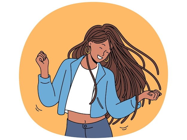Ein tanzendes Teenagermädchen genießt rhythmische Bewegungen zu Musik und schwingt lange Dreadlocks