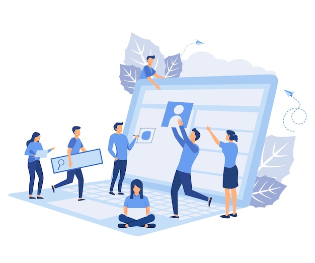Ein Team von Menschen entwickelt eine Website, indem es sie mit Funktionen zur Entwicklung von Websites füllt