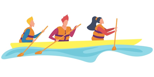 Ein Team von Menschen in Rettungswesten schwimmt im Kajak, einem Wassersport