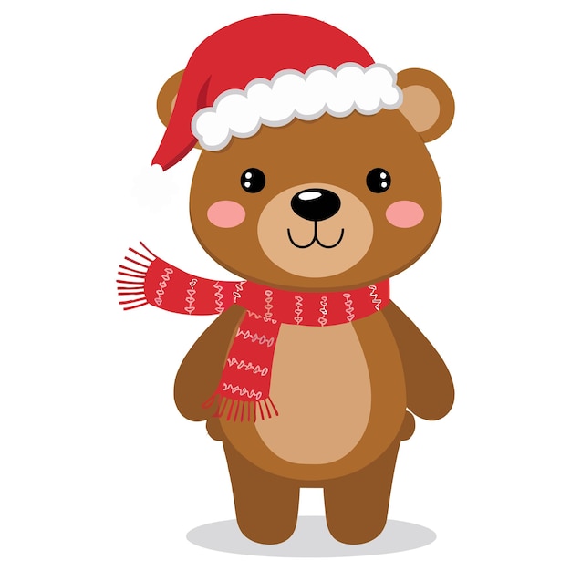 ein Teddybär, der einen Weihnachtsmannshut mit einem roten Schal trägt