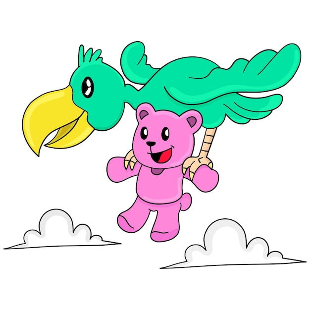 Ein teddybär trug fliegende vogelpelikane. cartoon illustration süßer aufkleber