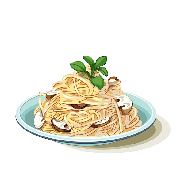 ein Teller mit Spaghetti mit einem grünen Blatt darüber