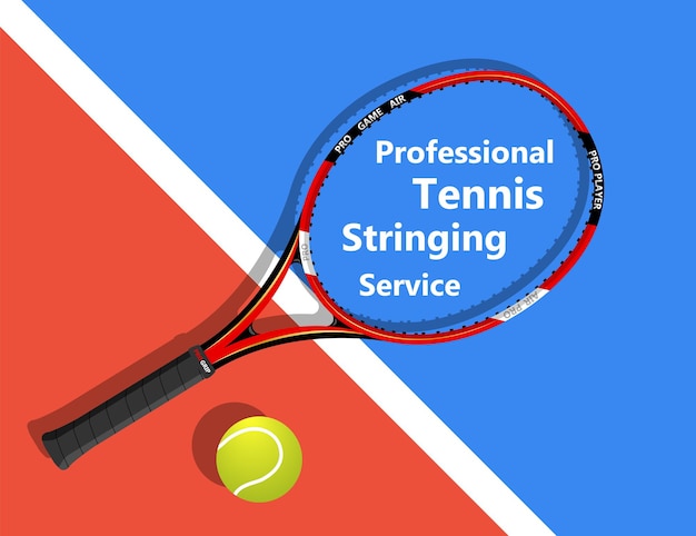 Ein Tennisschläger mit den Worten „Professional Tennis Stringing Service“ darauf.