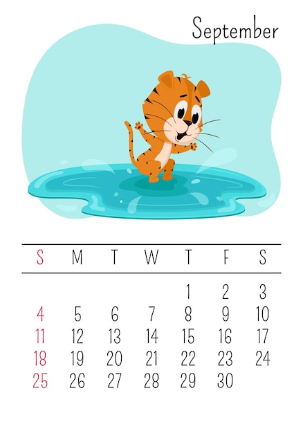 Ein tiger springt in eine pfütze. vertikale wandkalenderseite für september 2022 mit einem niedlichen cartoon-tiger