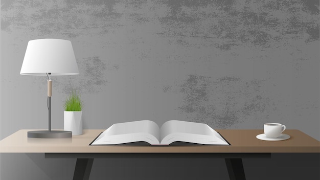 Ein Tisch mit einem offenen Buch. Tischlampe, Tasse Kaffee, Buch, Holztisch, graue Betonwand.