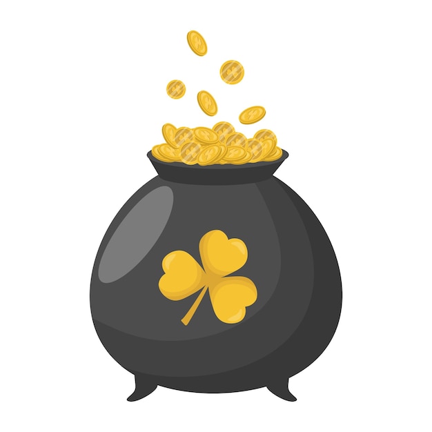 Ein Topf mit Gold für den St. Patrick's Day in einem flachen Cartoon-Stil Gold- und Glittermünzen in einem Leprechaun-Topf