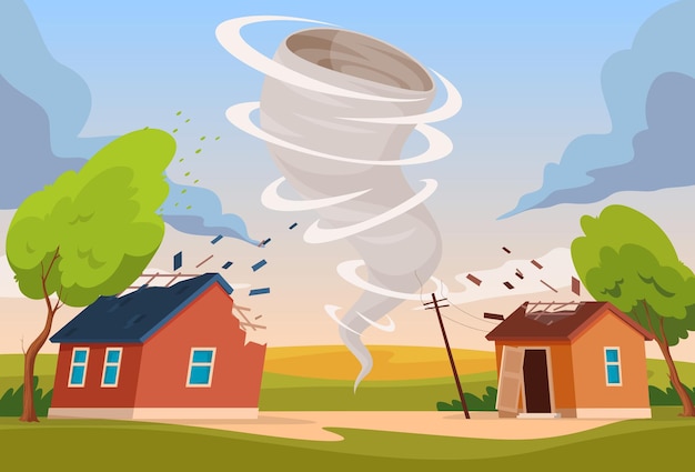 Vektor ein tornado zerstört gebäude illustrationen von naturkatastrophen zerstörerische naturphänomene vektorillustration