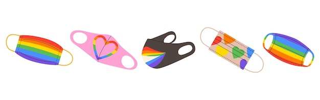 Ein vektor-cartoon-set von schützenden gesichtsmasken mit regenbogen-lgbt-symbolen. stilvoller virenschutz.