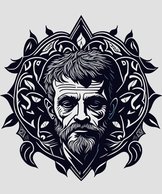 Ein vektor-digital-art-vintage-tattoo ein philosophen-design-t-shirt-illustration farbenfrohe vorlage