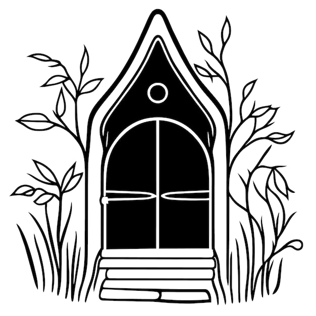 Ein Vektor einer offenen Tür eines bewaldeten Hauses und eine Zeichnung eines Hauses mit einem Baum davor