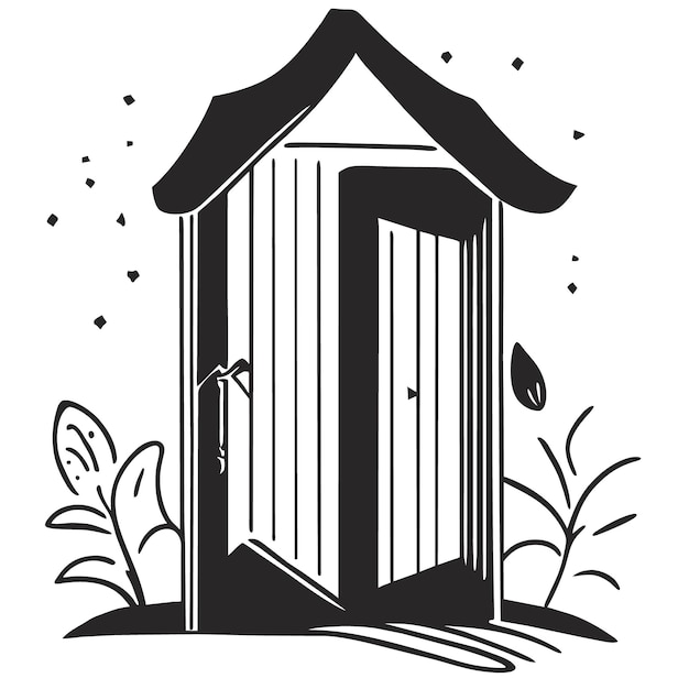 Ein Vektor einer offenen Tür eines bewaldeten Hauses und eine Zeichnung eines Hauses mit einem Baum davor