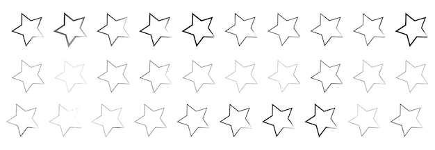 Ein Vektorsatz verfolgter Sterne. Sterne gezeichnet mit Pinseln isoliert auf schwarzem Hintergrund